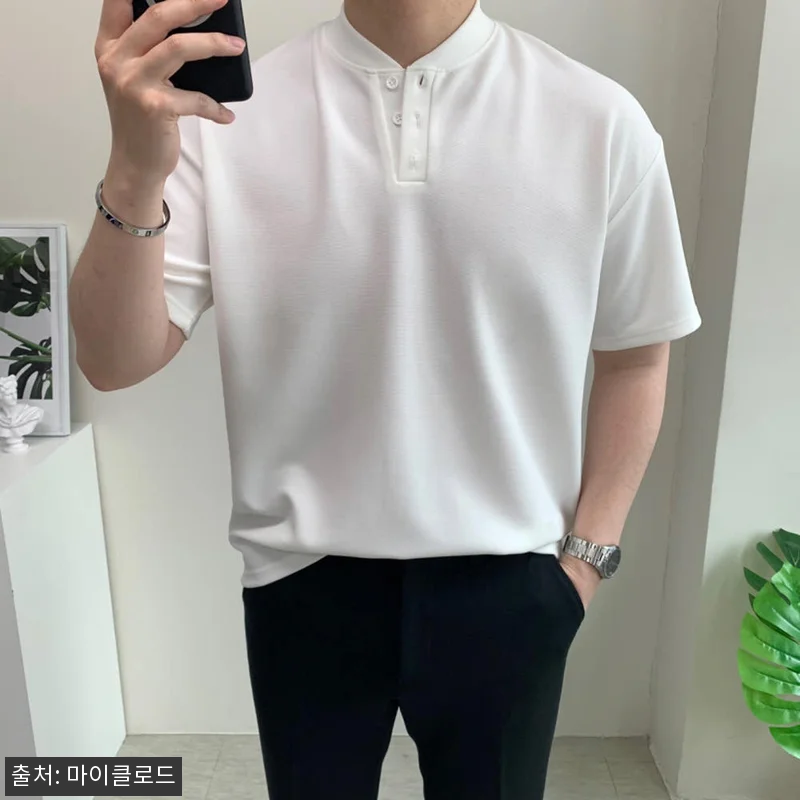 남자 헨리넥 반팔 세미오버핏 티셔츠, 관련 이미지 1