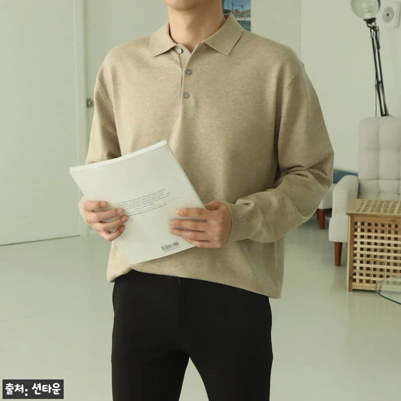 남자니트 남자카라티 오버핏 헨리넥 단 관련 이미지 2