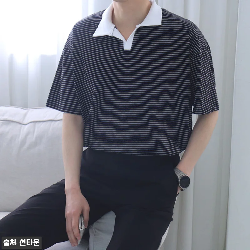 남자반팔티 단가라 스트라이프 카라 반 관련 이미지 2