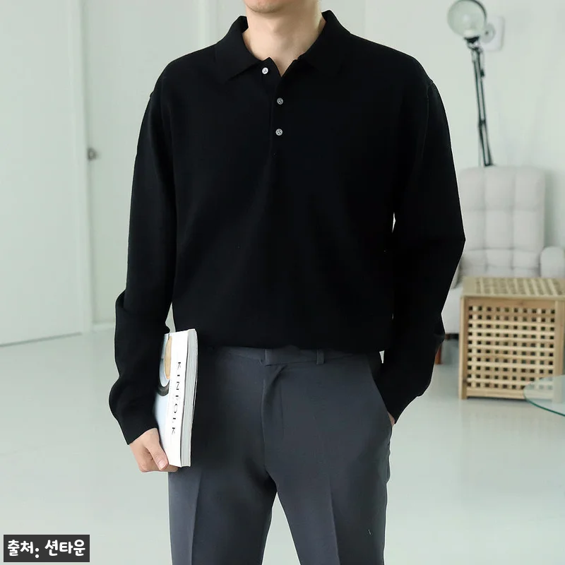 남자니트 남자카라티 오버핏 헨리넥 단 관련 이미지 5