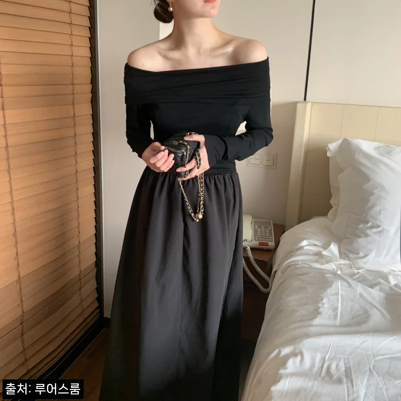 루비드 오프숄더 시크 허리밴딩 맥시 롱 원피스, 2만원대 하객룩으로 눈여겨볼 블랙 원피스