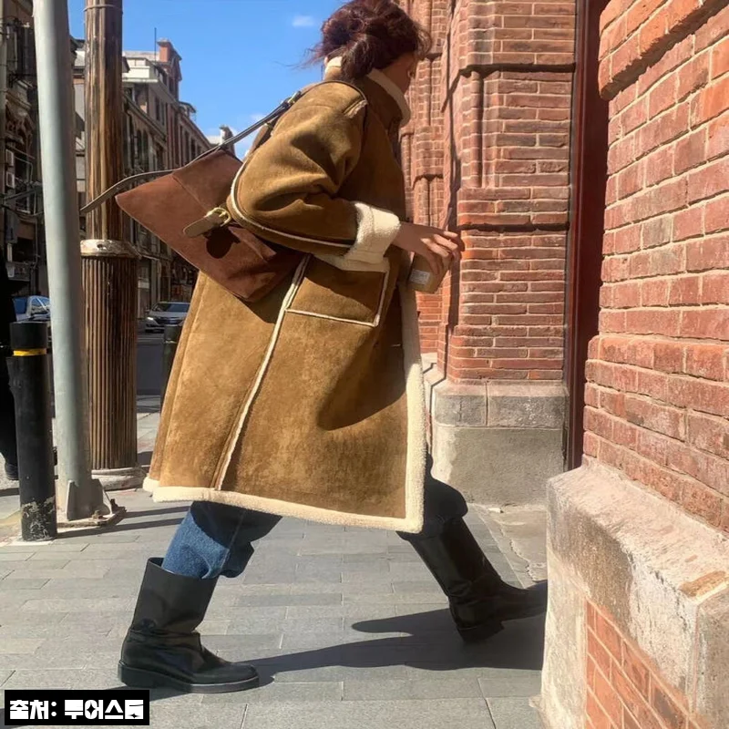 밍턴 안감 덤블 오버핏 겨울 하이넥 여자 루즈핏 뽀글이 무스탕 롱 코트, 카멜·브라운 겨울 아우터 찐후기 정리